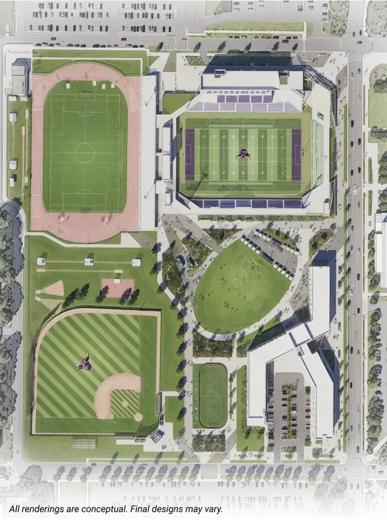 Conceptual overhead site plan rendering of The Future State athletic complex at Minnesota State University, Mankato