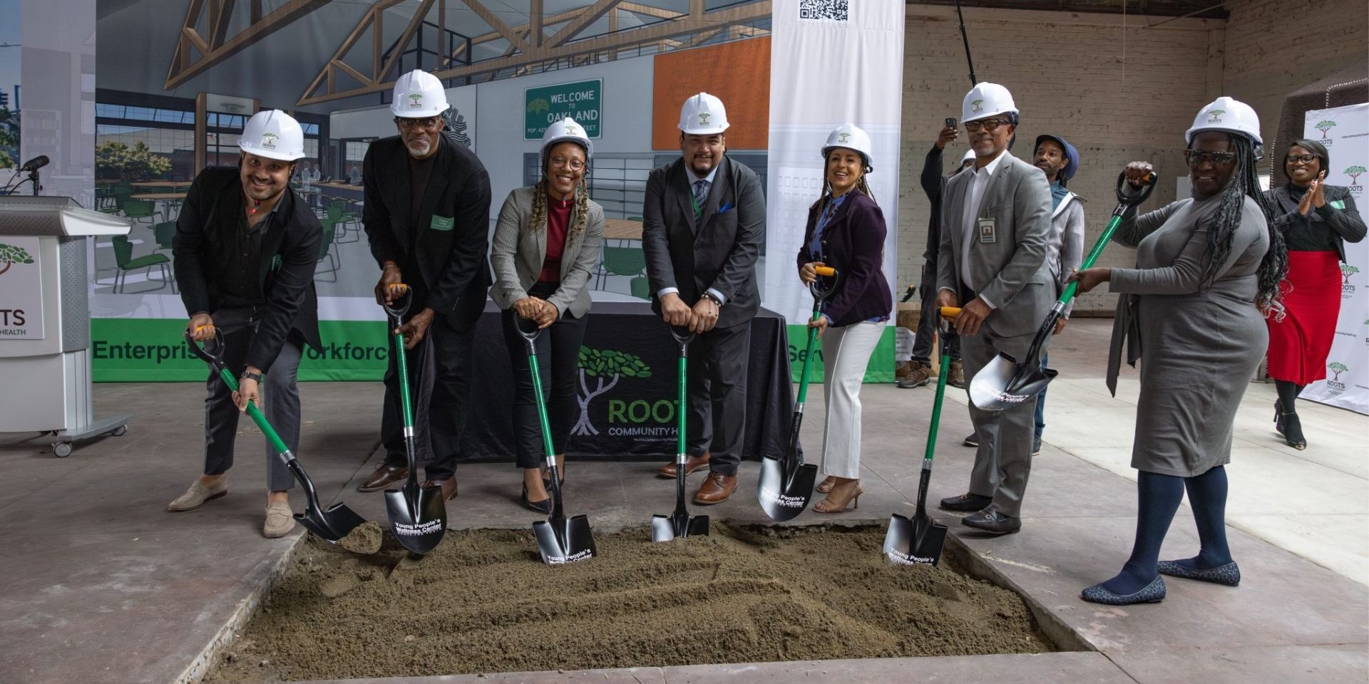 Roots Community Health leaders, partners, and supporters breaking ground on the Young People's Wellness Center in East Oakland
